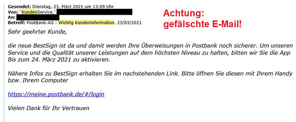 Beispiel einer gefälschten E-Mail